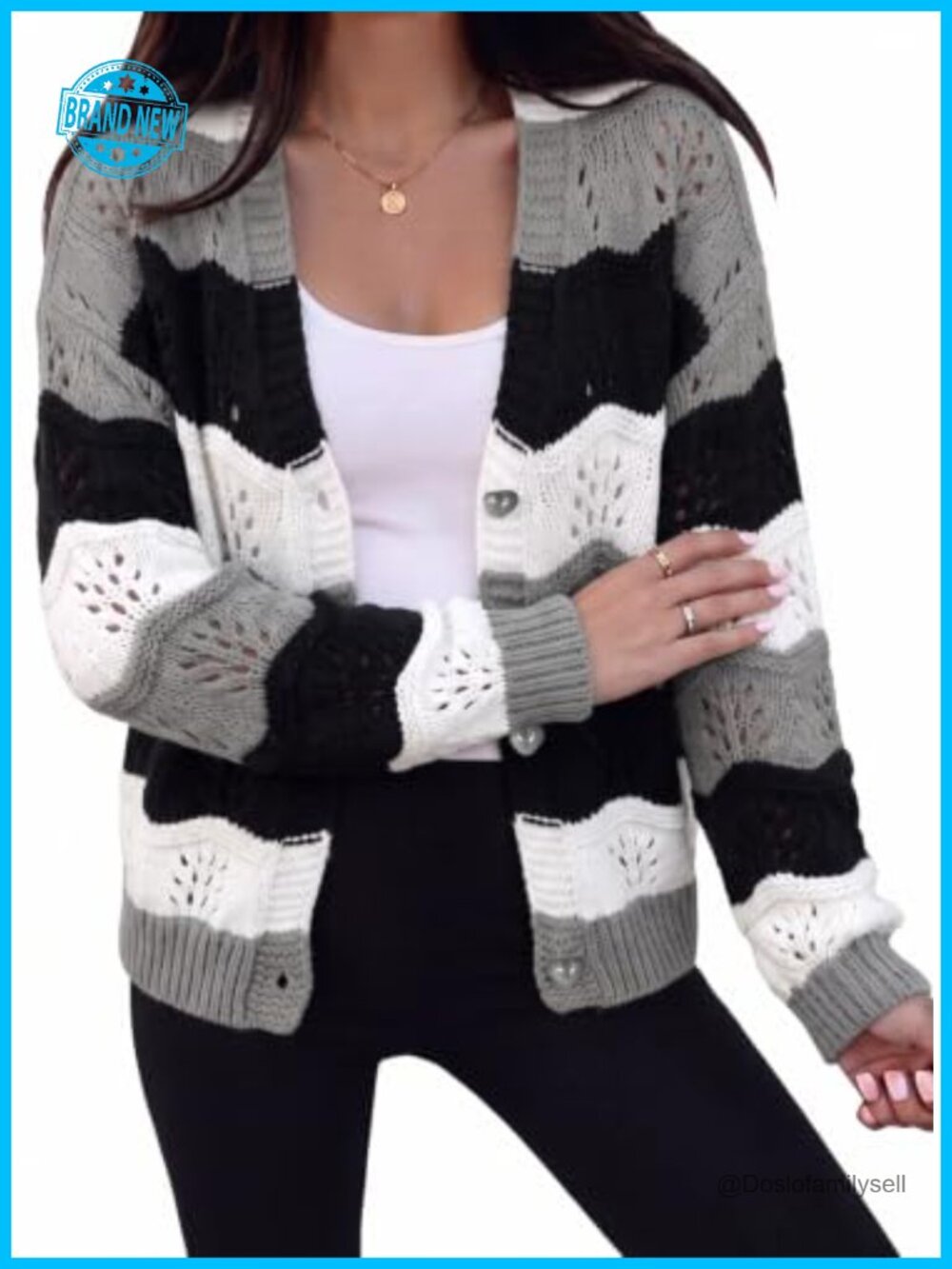 Astylish Wavy Chevron Striped Cardigan Button Down V Neck Long Sleeve Sweater